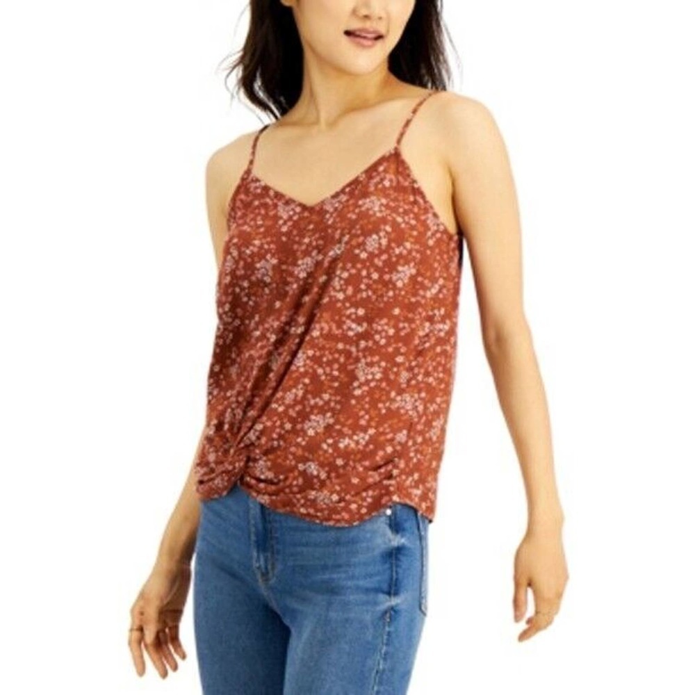 𝅺JR612 Hippie Rose Cocoa Rose Floral Juniors Knot-Front Camisole Top Size XS